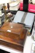 Mahogany sewing box with interior tray, mahogany jewellery box with mother of pearl circular inlay