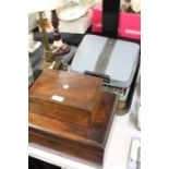 Mahogany sewing box with interior tray, mahogany jewellery box with mother of pearl circular inlay