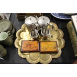 Brass Benares tray, Old Hall stainless steel four piece tea set, two prints on panel depicting