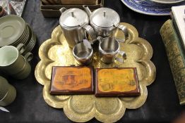 Brass Benares tray, Old Hall stainless steel four piece tea set, two prints on panel depicting