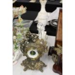 French style brass cased mantel clock, ships decanter, two marble reading lamps (4)