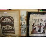 Two Egyptian papyrus paintings, print depicting French soldiers marching, coloured print of St