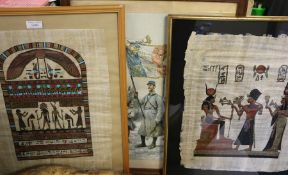 Two Egyptian papyrus paintings, print depicting French soldiers marching, coloured print of St