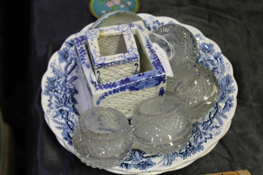 Two Booths "British Scenery" pattern plates, two pot pourri vases, Japanese porcelain tea bowl