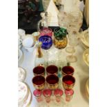 Glass ware, to include carafe and six glasses, four bohemian style wine glasses, six ruby and gilt