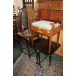 Edwardian mahogany inlaid piano stool, together with a mahogany center table, a drop leaf table, and