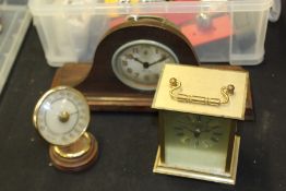 Jaz alarm clock, housed in a domed case, President quartz carriage clock, desk thermometer (3)