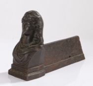Victorian cast iron foot scraper, depicting a lady with a headscarf, with an andiron type