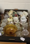 Collection of glass preserve pots and covers, porcelain sauce boats and jugs, coronation cups