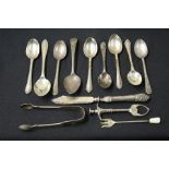 Silver, various dates and makers, to include tea spoons, sugar tongs, fork etc. weighable silver 5.