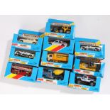 Ten Matchbox model cars, to include Sauber Group 'C', Rover 3500, Cement Truck, on unpunched card