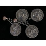 Two pairs of antique cloak fastenings with anchor and sea serpent devices raised in relief