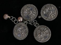 Two pairs of antique cloak fastenings with anchor and sea serpent devices raised in relief