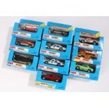 Ten Matchbox model cars, to include Camaro Iroc-Z, Plane Transporter, US Police Car, on unpunched