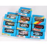 Ten Matchbox model cars, to include Jaguar XJ6, Pontiac, Peugeot 205 Turbo, on unpunched card