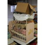 Collection of dolls, various sizes and styles, dolls cot, dolls pram (qty)