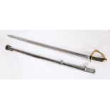 Copy of a 19th century cavalry sword, straight steel blade,three bar brass hilt, leather covered