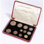 George VI 1937 specimen coin set, crown to farthing missing the maundy set, in a velvet lined gilt