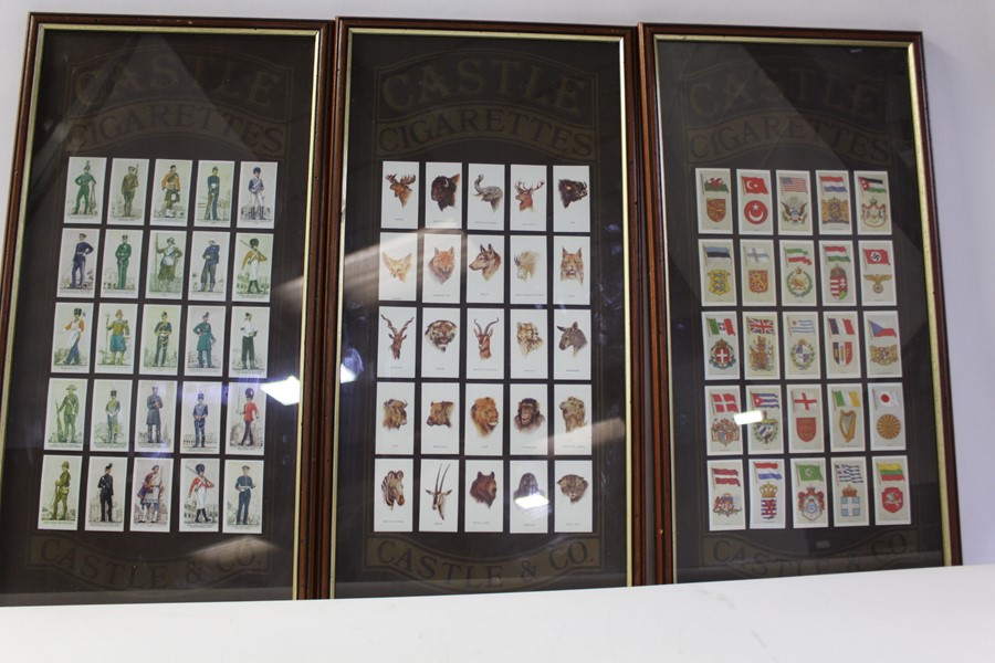 Framed cigarette cards, to include Will's Cigarettes golf courses (2), Castle cigarettes soldiers,