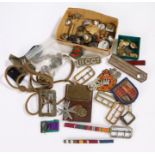 Box of miscellaneous Military badges, buckles, buttons, medal ribbon bars, lanyards, etc, (qty)