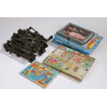 Collection of toys and puzzles, to include tin plate trainset buildings and track, Victory puzzles