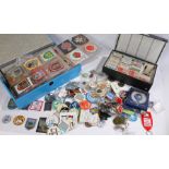 Collection of badges, pins, souvenir fabric patches, keyrings etc. (qty)