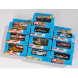 Ten Matchbox model cars, to include Tipper truck, London Bus, Renault 11 turbo, on unpunched card