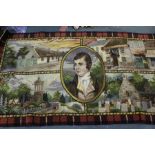 Robert Burns wall hanging, the central portrait surrounded by a buildings and a tartan border