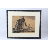 Dutch etching depicting two windmills, signed indistinctly, titled Molen ....? numbered 15/150,