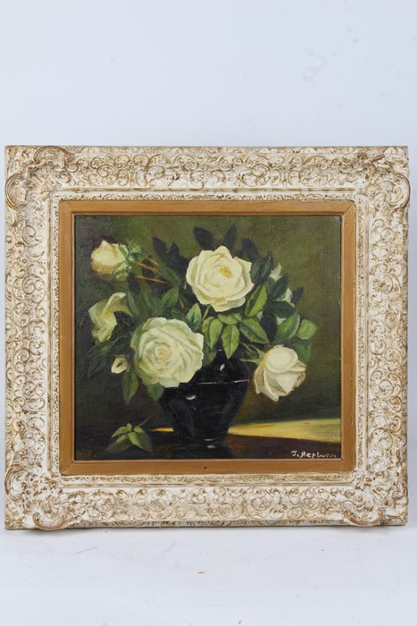 J. Hepburn, still life study of a vase of white roses, signed oil on board, housed in a cream