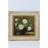 J. Hepburn, still life study of a vase of white roses, signed oil on board, housed in a cream