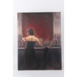 Pair of oils on canvas depicting a lady and a gentleman in a cocktail bar, unframed, 60cm x 79cm (