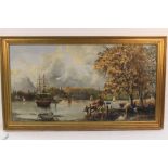 Jeremy Evans, 20th Century British school, ships in an 18th Century scene, signed oil on canvas,