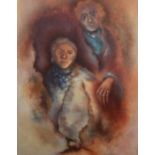 Moira Doggett (B1927), two figures amongst clouds, oil on canvas, unframed, the oil 70.5cm x 90.5cm