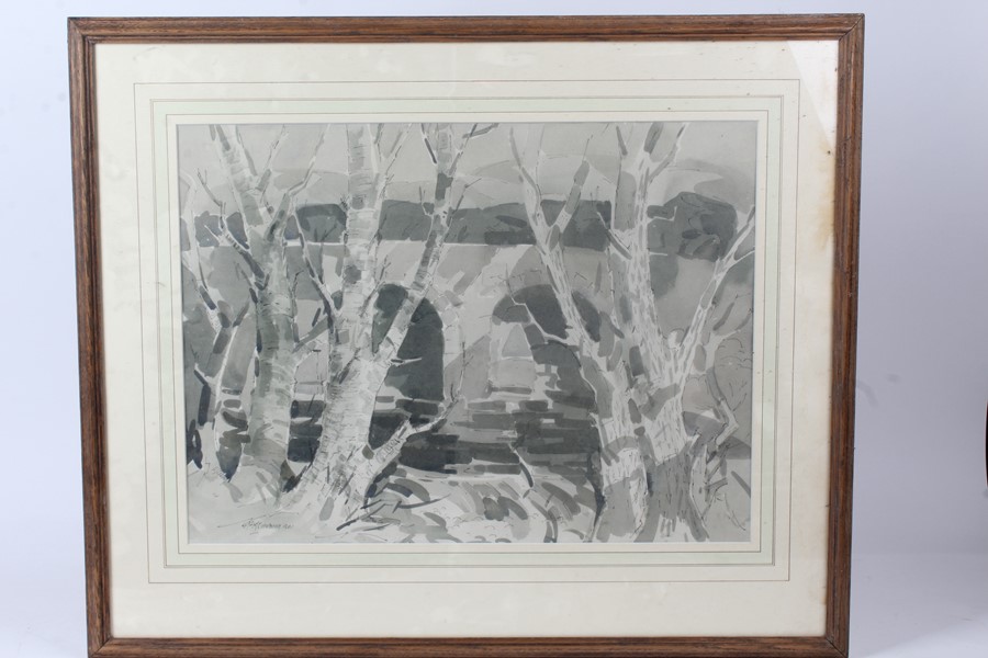 John McCutcheon R.O.I (1910-1995), bridge with trees to the foreground, signed watercolour, housed