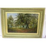 Nilmean? woodland scene with figures beneath trees, indistinctly signed oil on canvas, housed in a