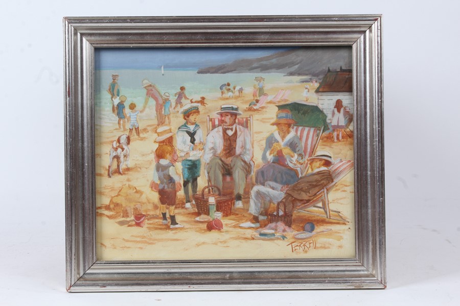 Patricia Terrell, "Beach", signed oil on board, housed in a silvered glazed frame, the oil 29cm x