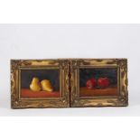 Laura Kelly, four still life studies of black grapes, pears, plums and apples, signed oil on