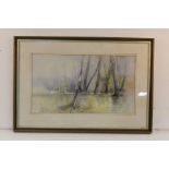 John R. Harris, landscape scene with trees alongside a river, signed watercolour, housed in a gilt