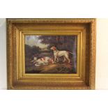 Oleograph depicting three dogs in a landscape, housed in a deep gilt frame, the oleograph 39cm x