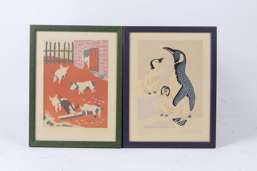 Two George Nicholson limited edition prints, piglets in a yard, 17/200, penguins 18/200, housed in