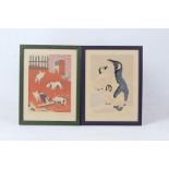 Two George Nicholson limited edition prints, piglets in a yard, 17/200, penguins 18/200, housed in