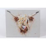 John Ryan, face of a highland cow, signed acrylic on canvas, unframed, 49.5cm x 40cm