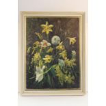 R. Leek, still life study of daffodils and other flowers, signed oil on canvas, S.W Barton, Sheep in