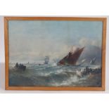 Sailing and rowing vessels on a choppy sea, coloured print, housed in a light oak glazed frame,