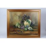 K. Scott, still life study of hydrangeas in a vase with cherries to the foreground, signed oil on