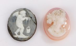 Two carved oval cameos, depicting a putto carrying a bucket, the other depicting a lady in
