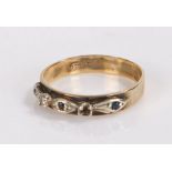 9 carat gold ring set with a diamond and three sapphires (one diamond missing), ring size M, 1.9g