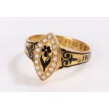 Victorian 18 carat gold mourning ring, the oval seed pearl set head with central black enamel