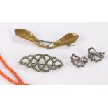 Gold coloured metal sycamore leaf brooch set with two opals, coral bead necklace, marcasite brooch
